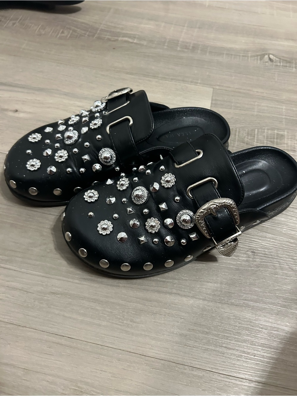 Black Studded Slip-On Mules with Buckle Accent - Women's